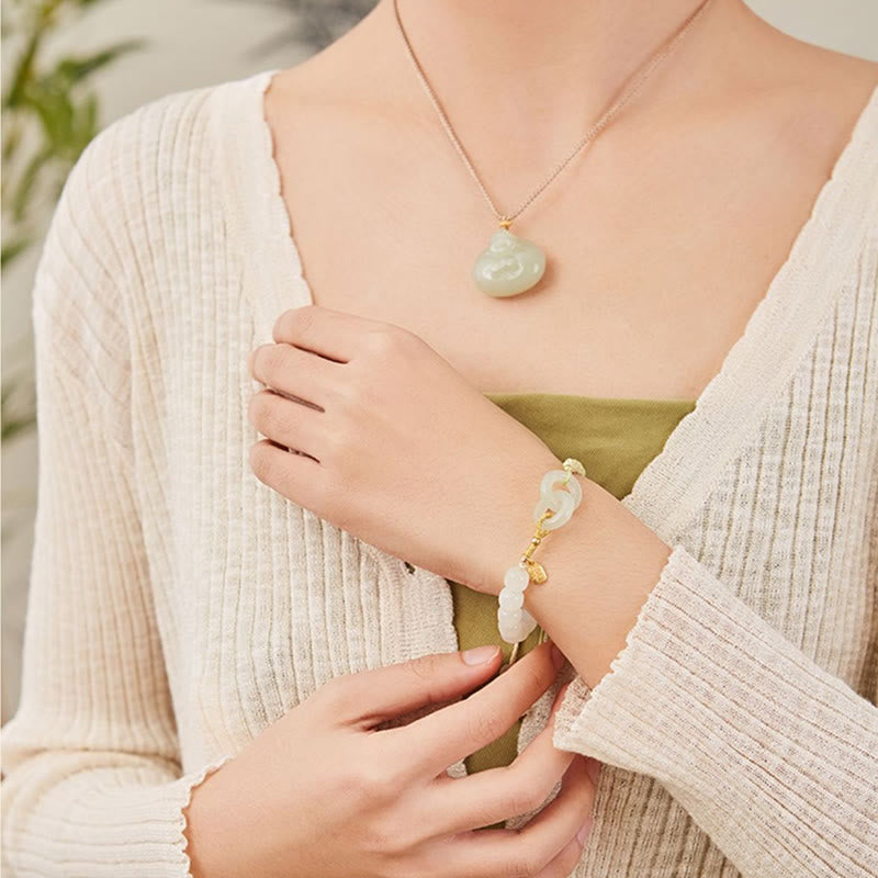 Nimara Ritual Natural Hetian Jade Bead Double Peace Buckle Fu Character Abundance Braided Bracelet