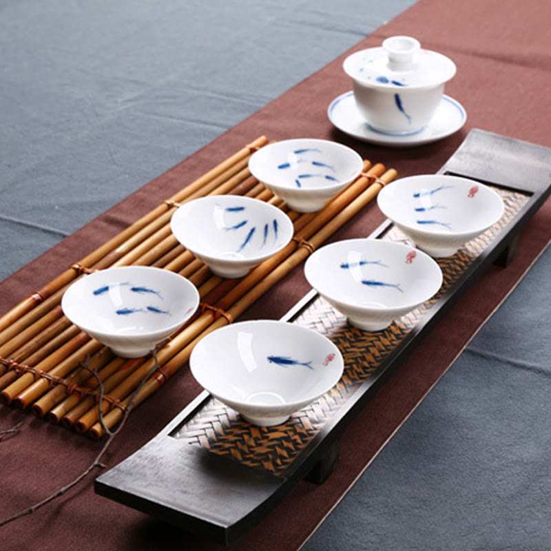 Nimara Ritual Jingdezhen Blue and White Porcelain Koi Fish Ceramic Teacup Kung Fu Tea Cups
