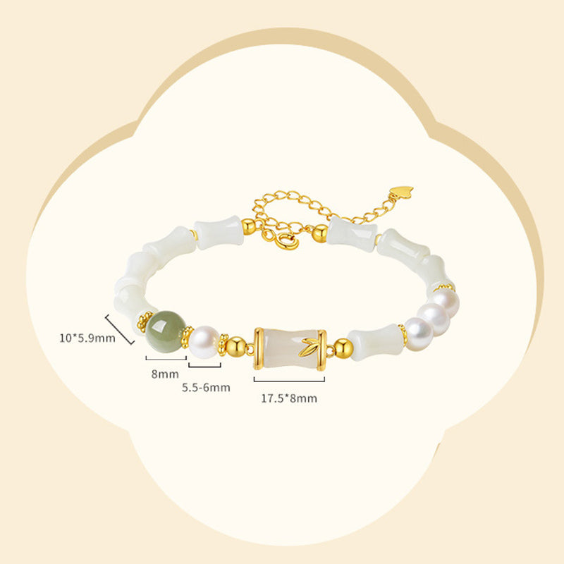 Nimara Ritual 925 Sterling Silver Natural Hetian White Jade Bamboo Luck Blessing Bracelet