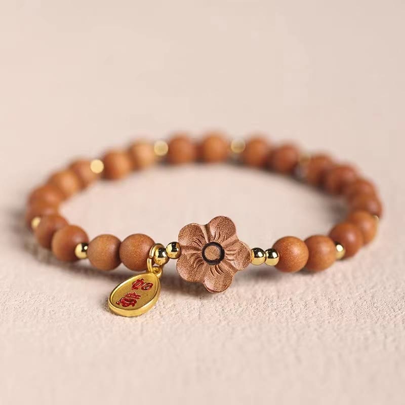 Nimara Ritual Natural Sandalwood Peach Blossom Small Leaf Red Sandalwood Ruyi Charm Protection Bracelet