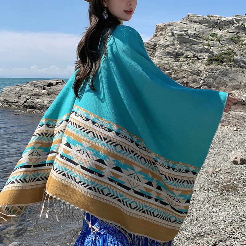 Nimara Ritual Tibetan Shawl Colorful Geometry Winter Cozy Travel Scarf Wrap