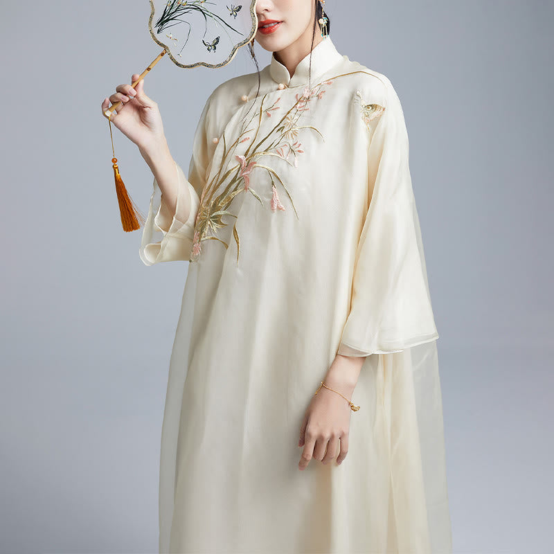 Nimara Ritual 100% Mulberry Silk 6 Momme Dress Vintage Flower Butterfly Embroidery Qipao Dress Women's Cheongsam Dress