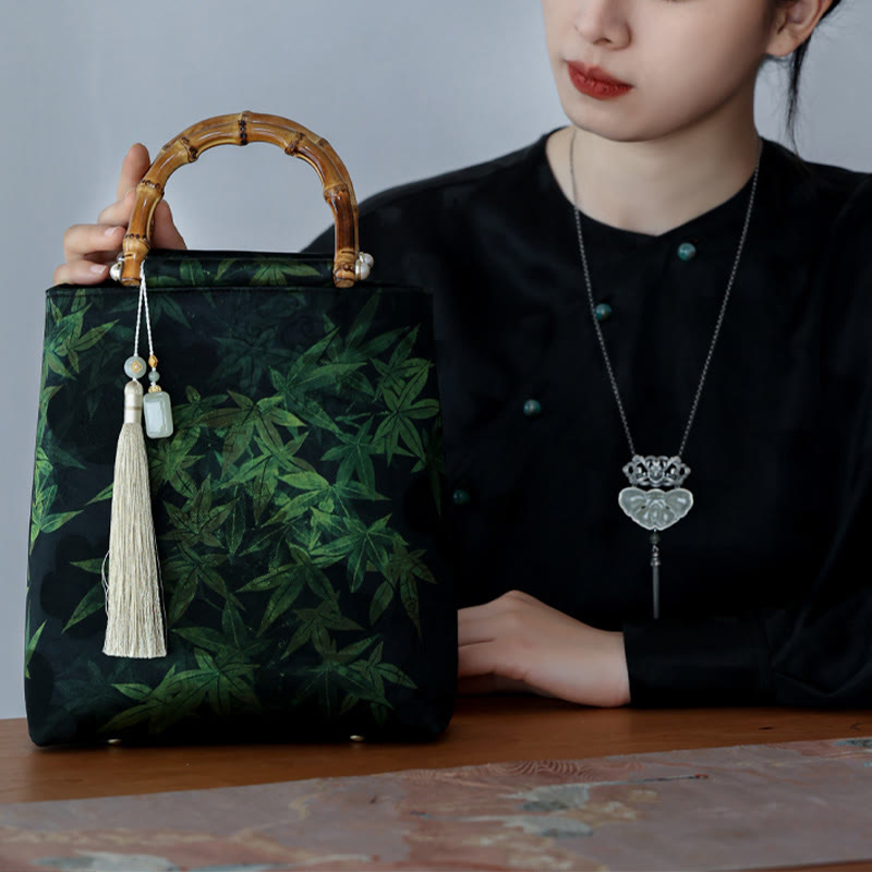 Nimara Ritual Bamboo Leaves Butterfly Koi Fish Bamboo Handles Handbag