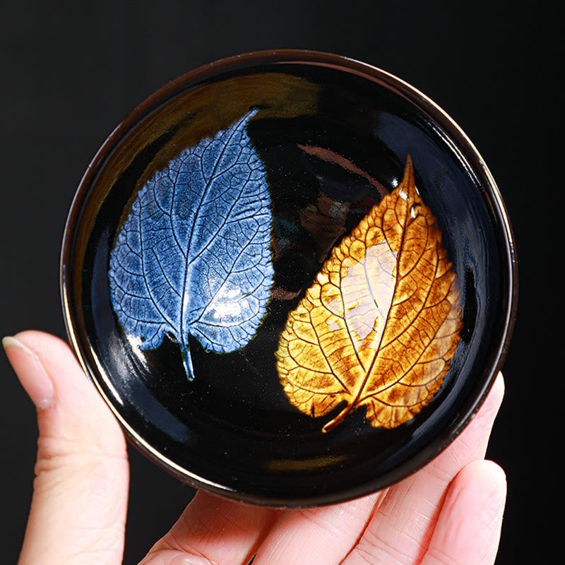 Nimara Ritual Gold Maple Leaf Chinese Jianzhan Ceramic Teacup Tenmoku Kung Fu Tea Cup Bowl