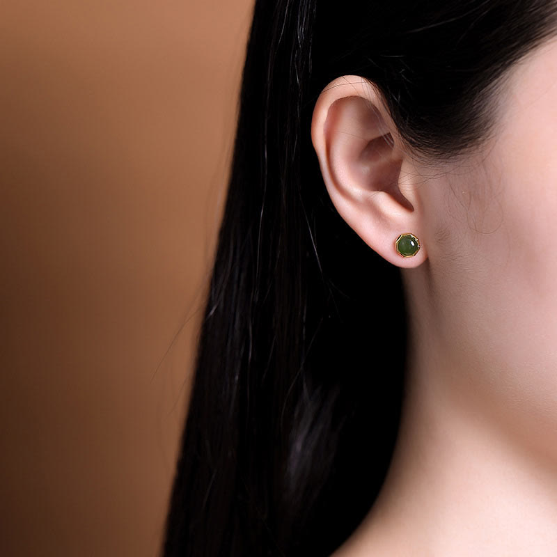 Nimara Ritual 925 Sterling Silver Plated Gold Natural Hetian Cyan Jade Bead Luck Stud Earrings
