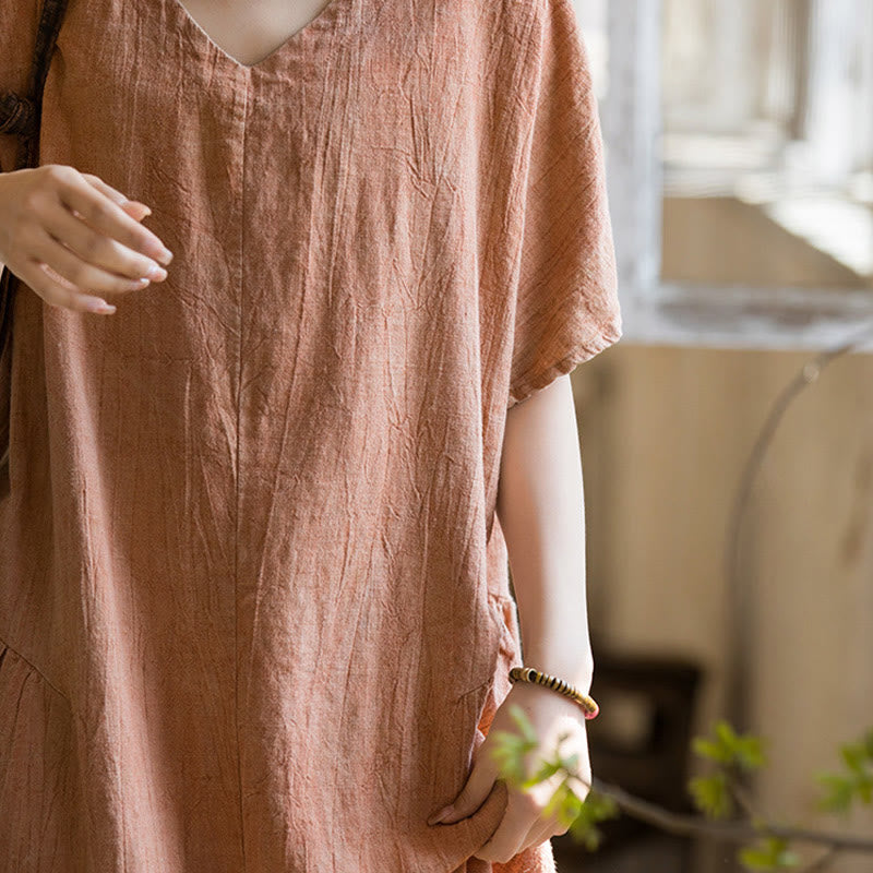 Nimara Ritual Handmade Tie Dye V-Neck Midi Dress Linen Short Sleeve Dress