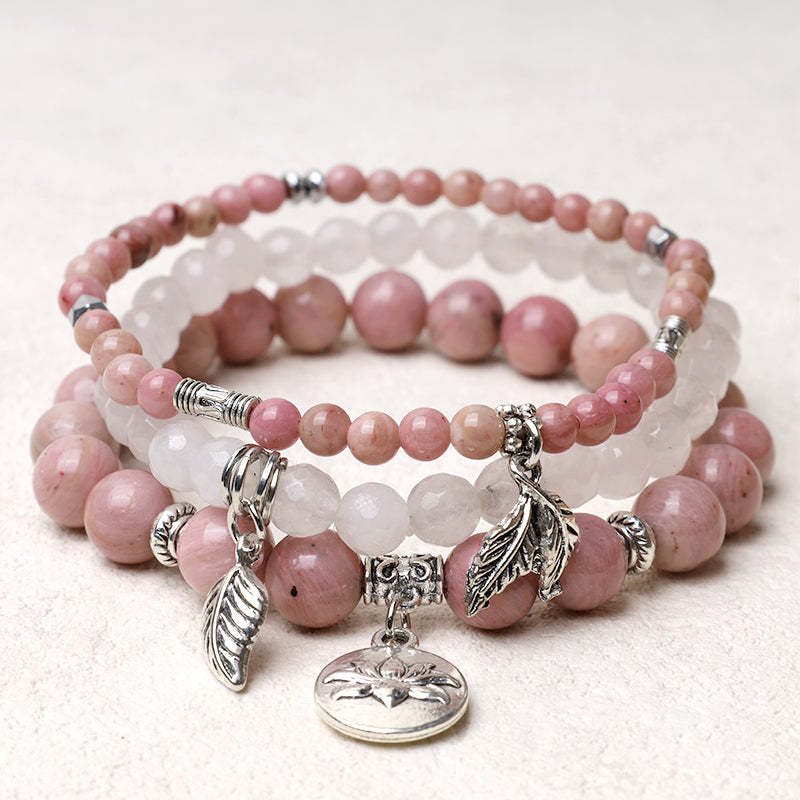 Nimara Ritual 3PCS Natural Quartz Crystal Beaded Healing Energy Lotus Bracelet