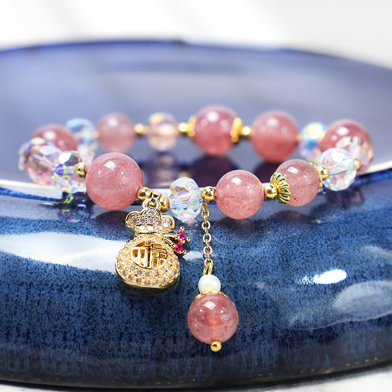 Love Healing Natural Strawberry Quartz Money Bag Charm Positive Bracelet