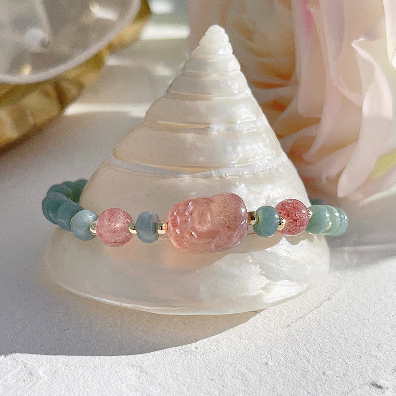 Nimara Ritual Natural Hetian Jade Pearl Peace Buckle Fu Character Gourd Money Bag Strawberry Quartz PiXiu Luck Bracelet