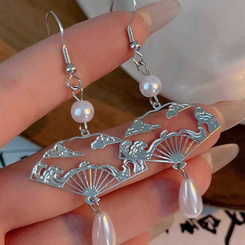 Nimara Ritual Copper Fan Auspicious Clouds Pearl Healing Drop Earrings