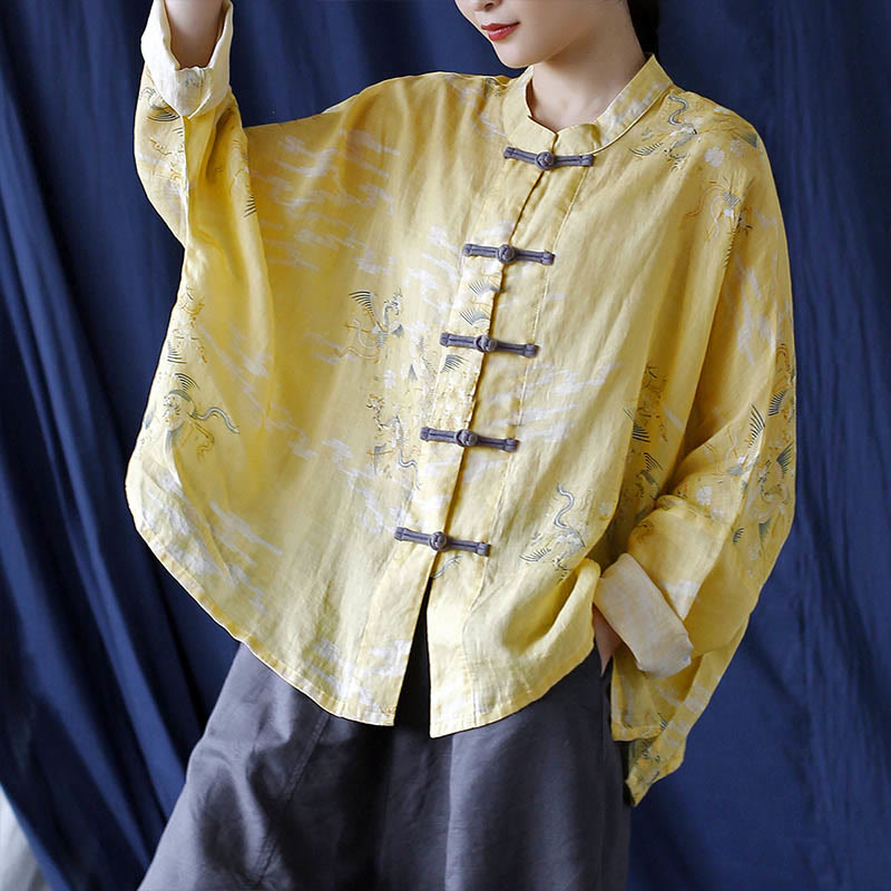 Nimara Ritual Yellow Phoenix Print Frog-button Design Long Sleeve Ramie Linen Jacket Shirt