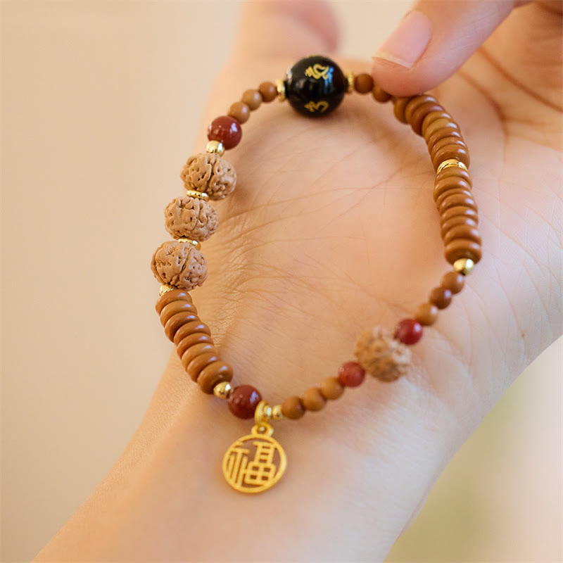 Nimara Ritual Tibetan Bodhi Seed Black Onyx Smoky Quartz Om Mani Padme Hum Fu Character Wealth Bracelet