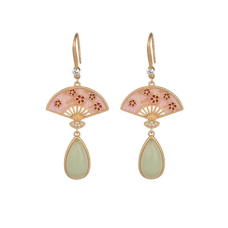 Nimara Ritual Natural Green Aventurine Fan Pattern Luck Drop Earrings
