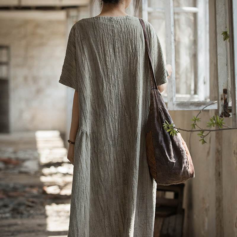 Nimara Ritual Handmade Tie Dye V-Neck Midi Dress Linen Short Sleeve Dress