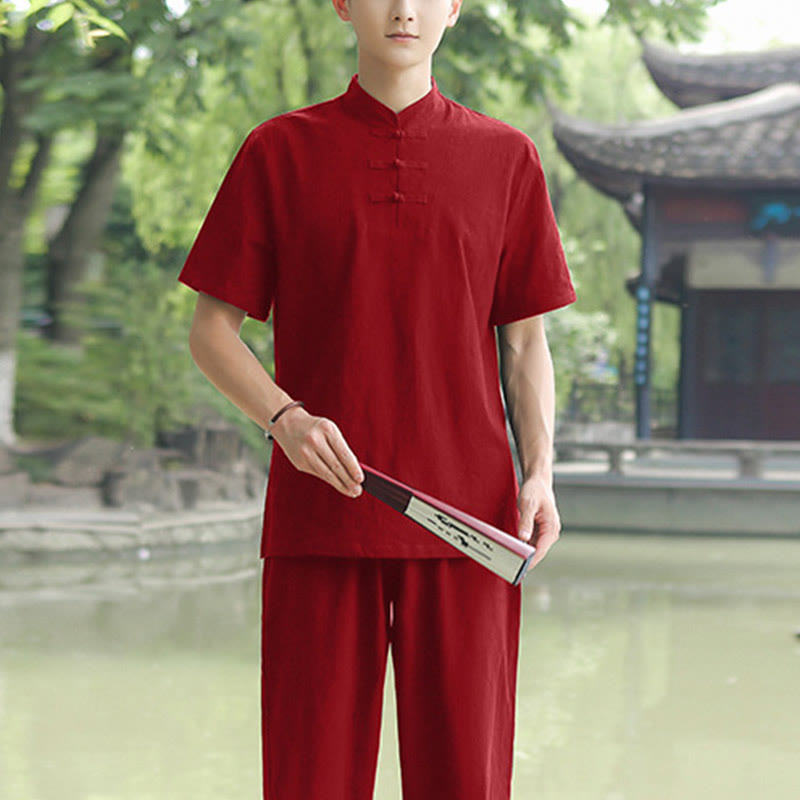 Nimara Ritual 2Pcs Men's Short Sleeve Shirt Top T-Shirt Pants Meditation Zen Tai Chi Cotton Linen Clothing Set