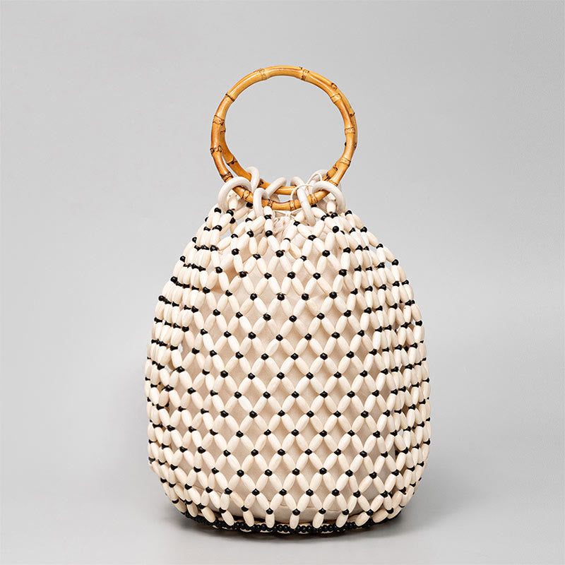 Nimara Ritual Hand-woven Wooden Beads Bamboo Handle Shoulder Bag Handbag