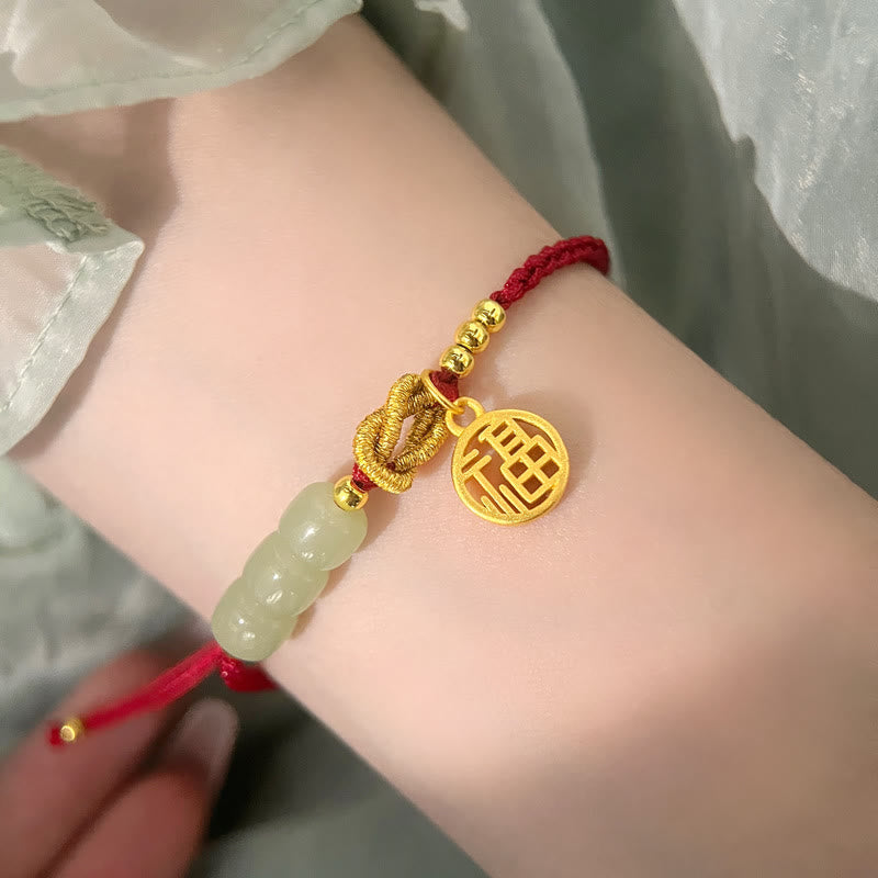 Nimara Ritual Handcrafted Jade Bead Fu Character Charm Luck Red Rope Bracelet