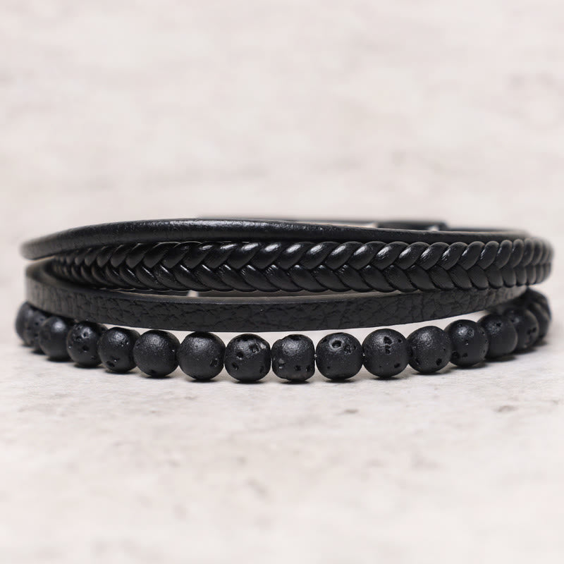Nimara Ritual Natural Lava Rock Black Onyx Bead Leather Bracelet
