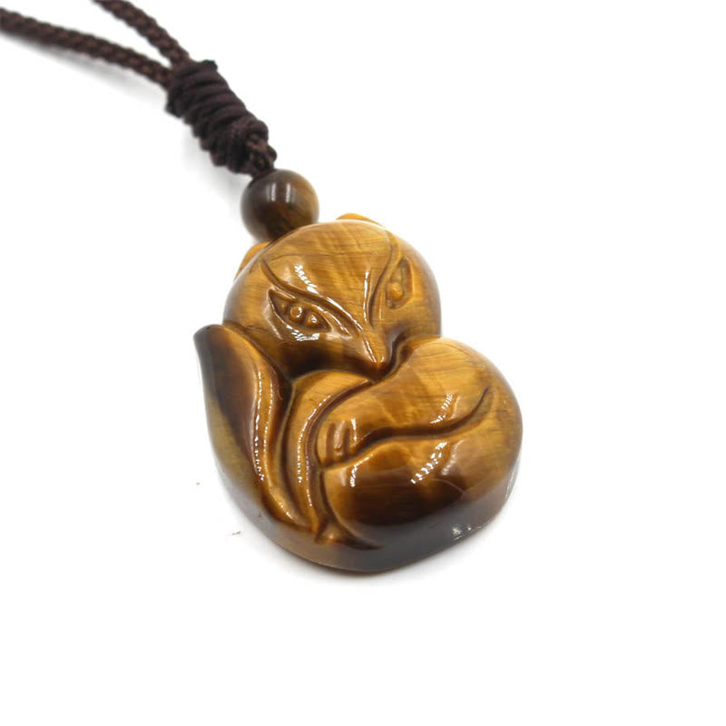 Nimara Ritual Natural Black Obsidian Tiger Eye Ice Obsidian Fox Pendant Amulet Necklace