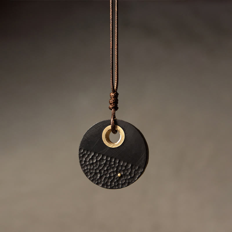 Nimara Ritual Handcrafted Round Ebony Wood Brass Copper Peace Necklace Pendant