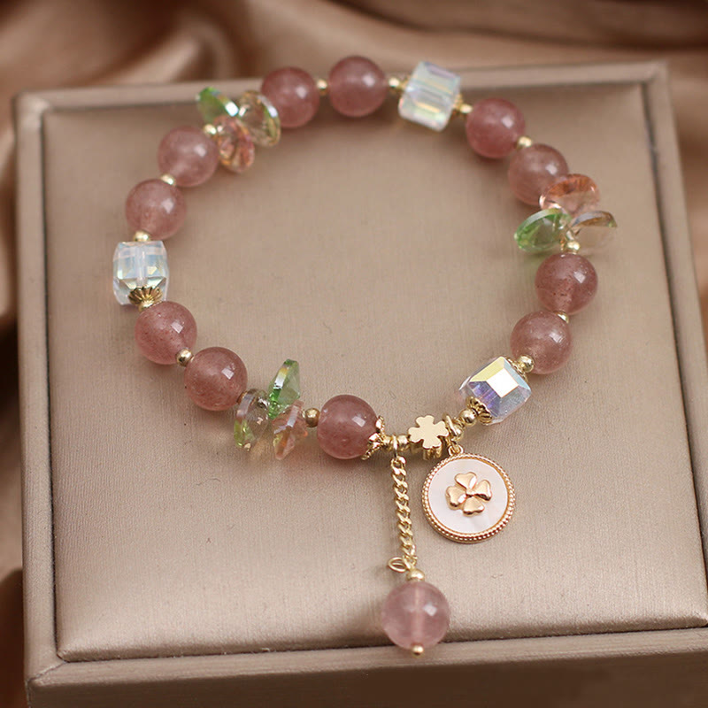 Nimara Ritual Strawberry Quartz Lucky Four Leaf Clover Healing Charm Bracelet