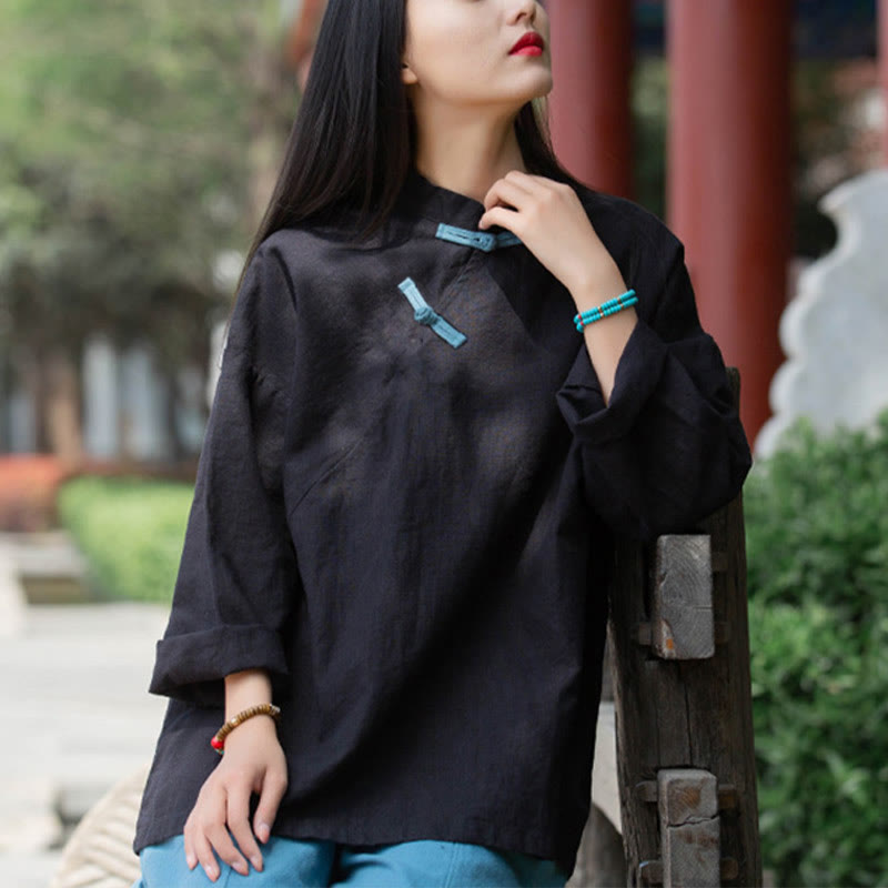 Nimara Ritual Ramie Linen Loose Blouse Women Long Sleeve Shirt Chinese Hanfu Top