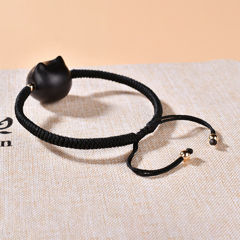 Nimara Ritual Ebony Wood Cat Head Pattern Peace King Kong Knot Braided Bracelet
