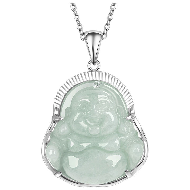 Nimara Ritual Laughing Buddha Jade Luck Calm Titanium Steel Chain Necklace Pendant