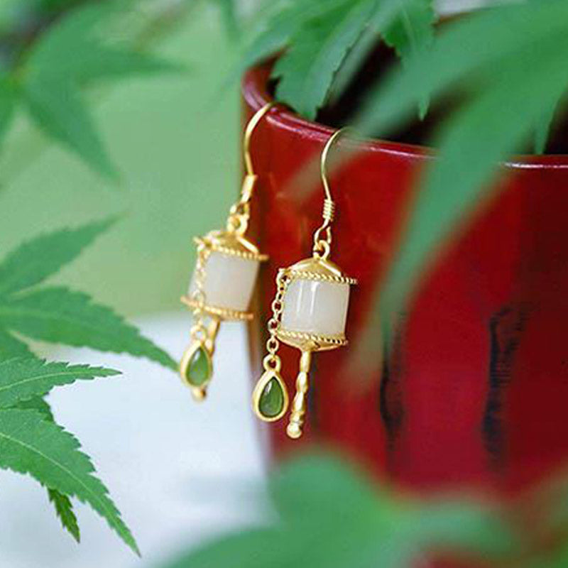 Nimara Ritual 925 Sterling Silver Jade Prayer Wheel Luck Drop Earrings