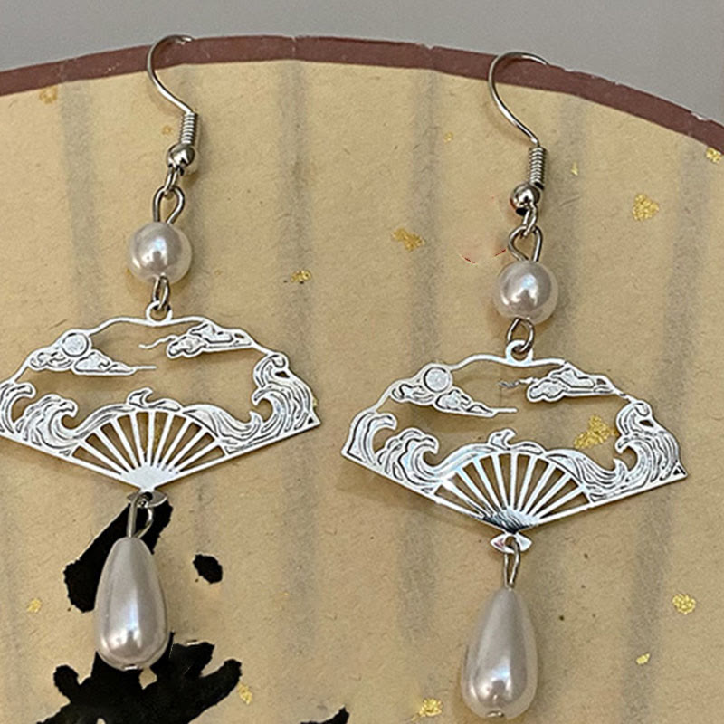 Nimara Ritual Copper Fan Auspicious Clouds Pearl Healing Drop Earrings