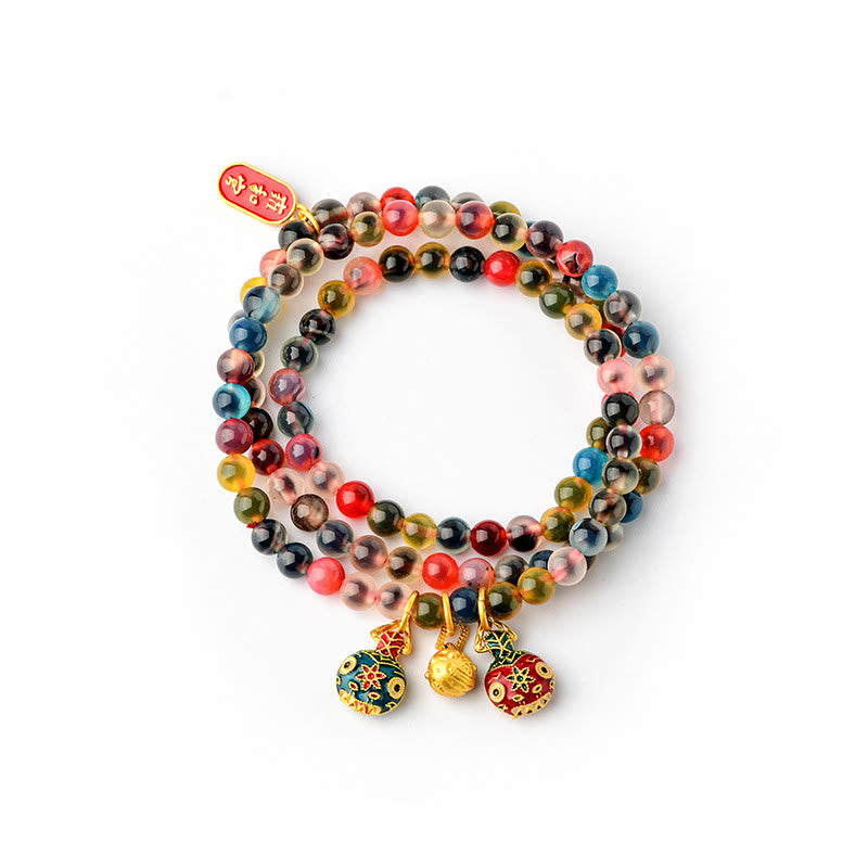 Nimara Ritual Colorful Candy Agate Gold Swallowing Beast Family Strength Charm Triple Wrap Bracelet