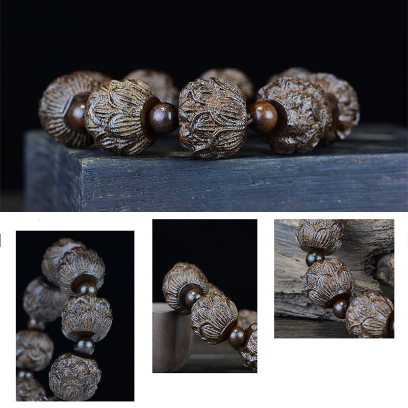 Nimara Ritual Ebony Wood Eighteen Arhats Lotus Dragon Engraved Balance Bracelet