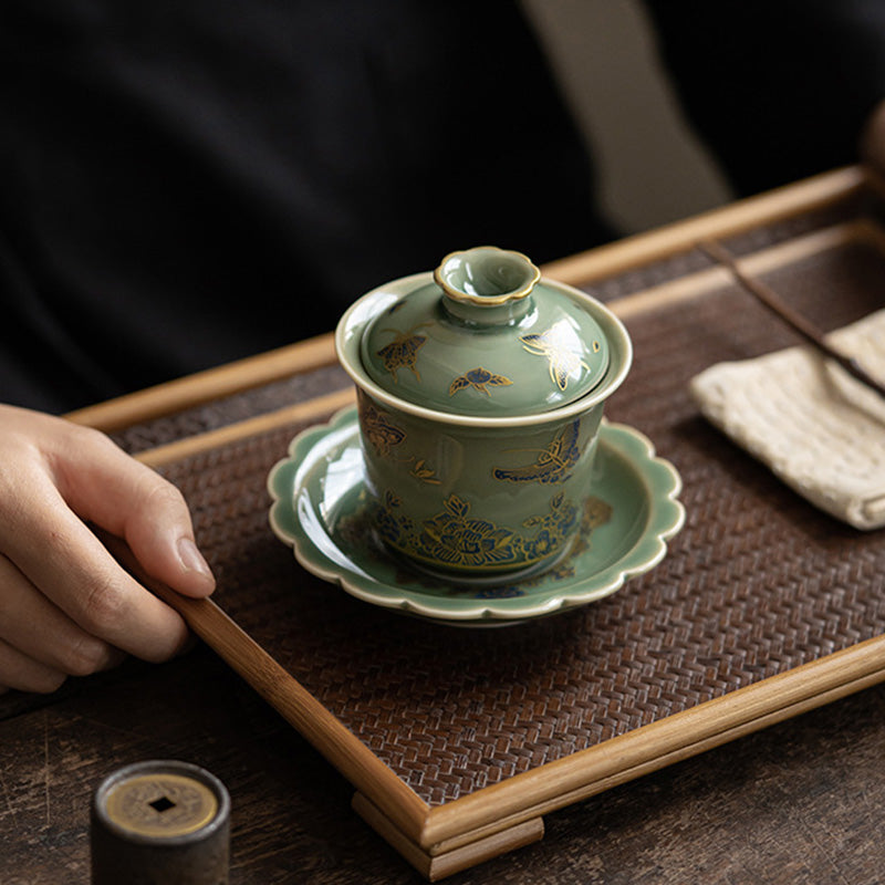 Nimara Ritual Green Porcelain Butterfly Flower Salmon Fish Ceramic Gaiwan Sancai Teacup Kung Fu Tea Cup And Saucer With Lid