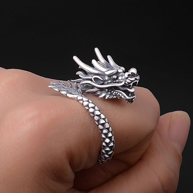 Nimara Ritual 990 Sterling Silver Vintage Dragon Design Luck Protection Strength Adjustable Ring
