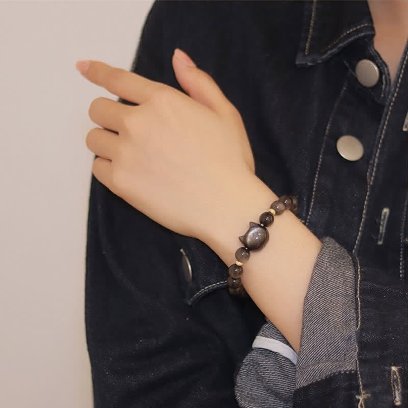 Nimara Ritual Gold Sheen Obsidian Silver Sheen Obsidian Lovely Paw Lucky Cat Protection Bracelet