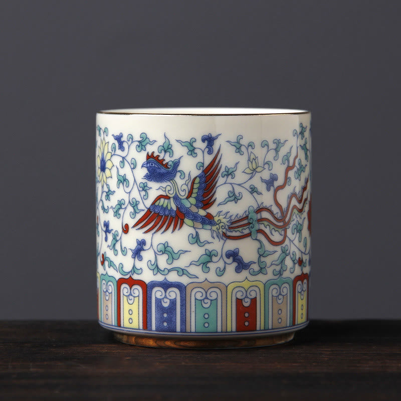 Nimara Ritual Vintage Plum Blossom Pine Bamboo Phoenix Kirin Lion Dancing Ceramic Teacup Tea Cups