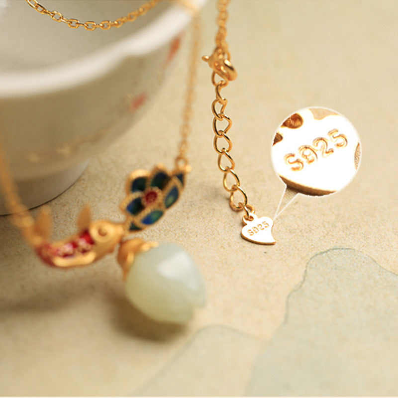 Nimara Ritual White Jade Koi Fish Lotus Copper Protection Necklace Pendant