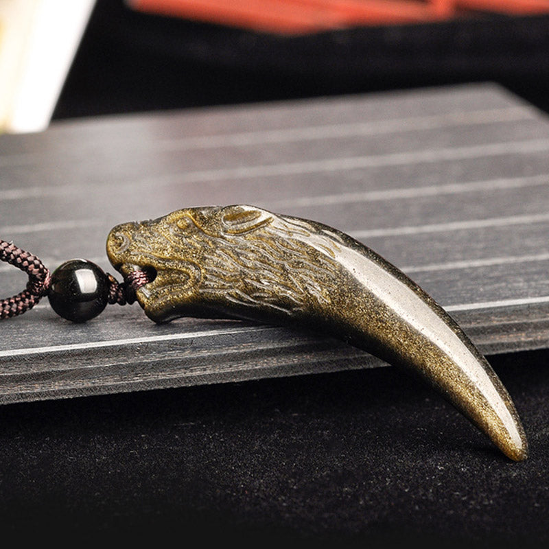 Nimara Ritual Natural Black Obsidian Ice Obsidian Rainbow Obsidian Wolf Tooth Pattern Strength Necklace Pendant