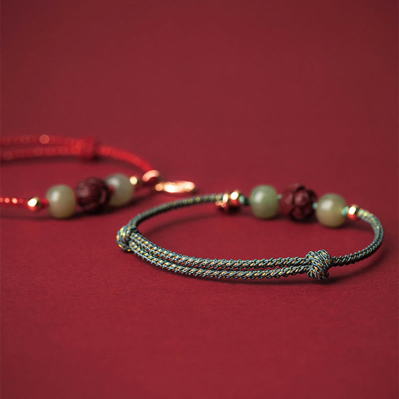 Nimara Ritual 14K Gold Plated Hetian Jade Cinnabar Lotus Luck Handcrafted Rope Bracelet