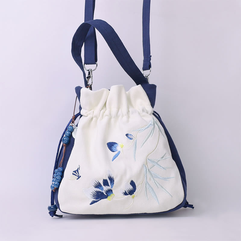 Nimara Ritual Embroidered Butterfly Lotus Magnolia Cotton Linen Tote Crossbody Bag Shoulder Bag Handbag