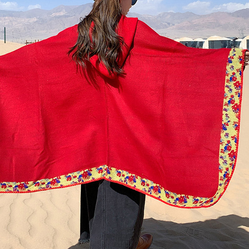 Nimara Ritual Tibetan Shawl Border Small Floral Flower Hooded Cloak Winter Cozy Travel Scarf Wrap