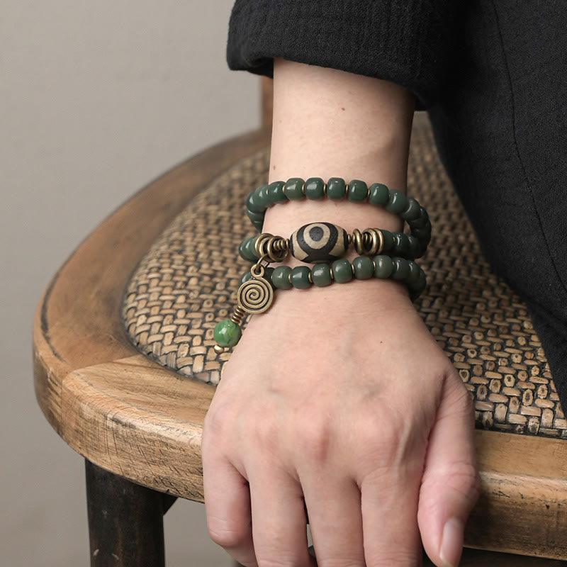 Nimara Ritual Cyan Bodhi Seed Dzi Bead Wisdom Peace Triple Wrap Bracelet