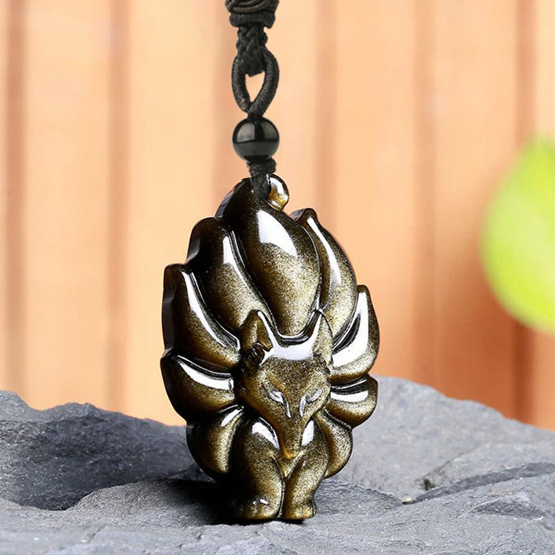 Nimara Ritual Natural Fluorite Gold Sheen Obsidian Fox Pendant Protection Necklace
