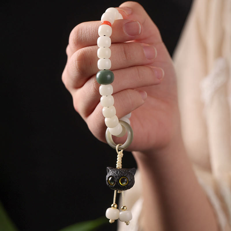 Nimara Ritual Natural Bodhi Seed African Blackwood Lovely Cat Charm Peace Harmony Bracelet
