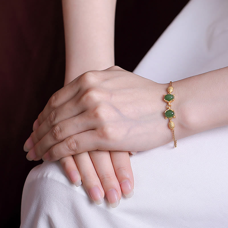 Nimara Ritual 925 Sterling Silver Natural Hetian White Jade Cyan Jade Lovely Fox Luck Bracelet