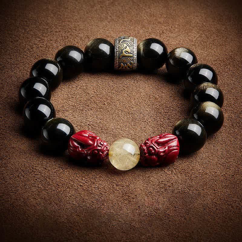 Nimara Ritual Gold Sheen Obsidian PiXiu Cinnabar Om Mani Padme Hum Protection Bracelet