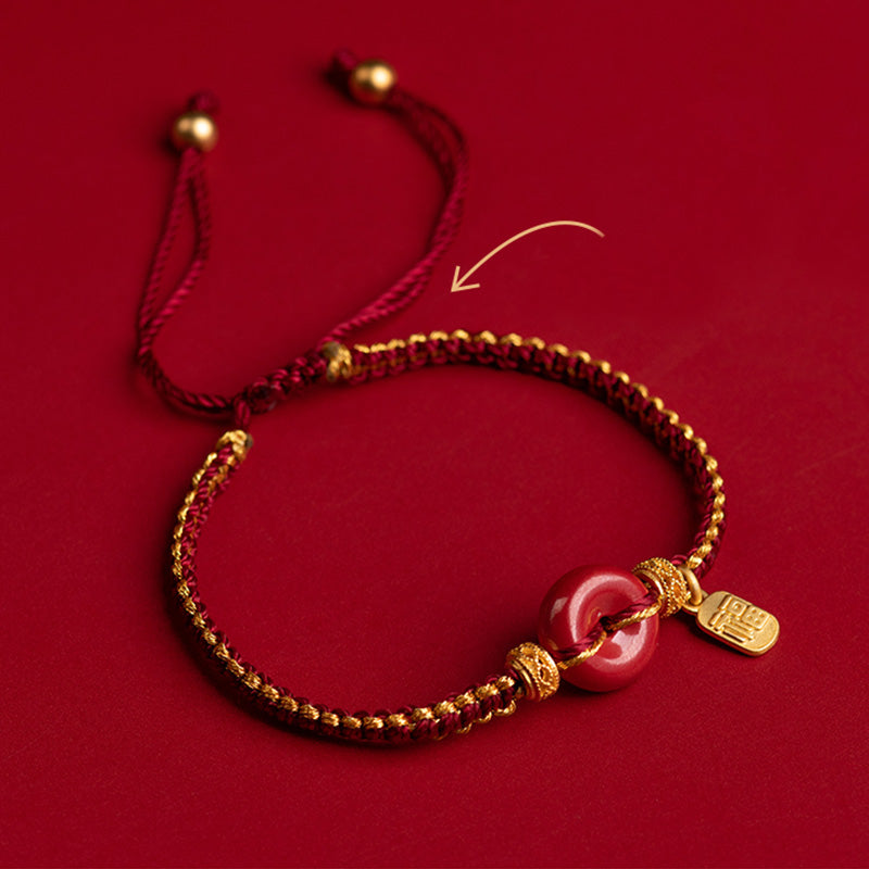 Nimara Ritual Natural Cinnabar Peace Buckle Fu Character Charm Blessing Braided Bracelet
