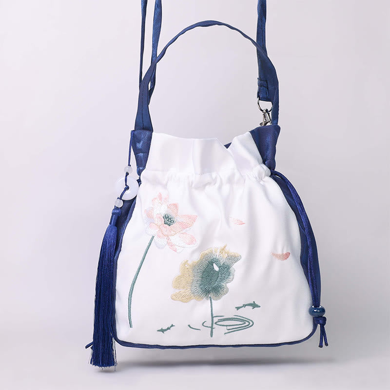 Nimara Ritual Embroidered Lotus Koi Fish Crane Camellia Cotton Linen Tote Crossbody Bag Shoulder Bag Handbag