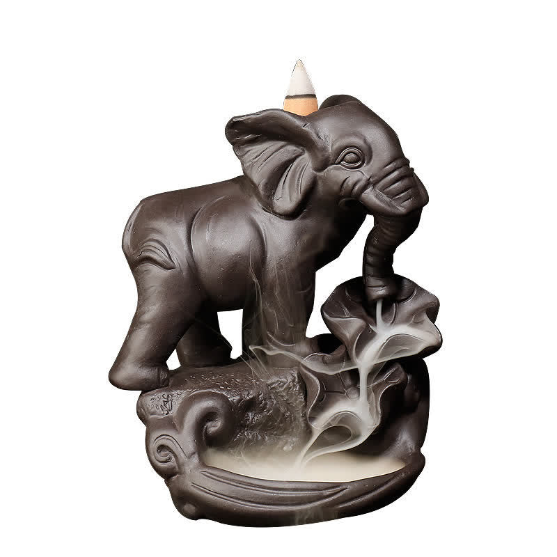 Nimara Ritual Tibetan Elephant Purple Clay Backflow Smoke Fountain Peace Healing Incense Burner Decoration
