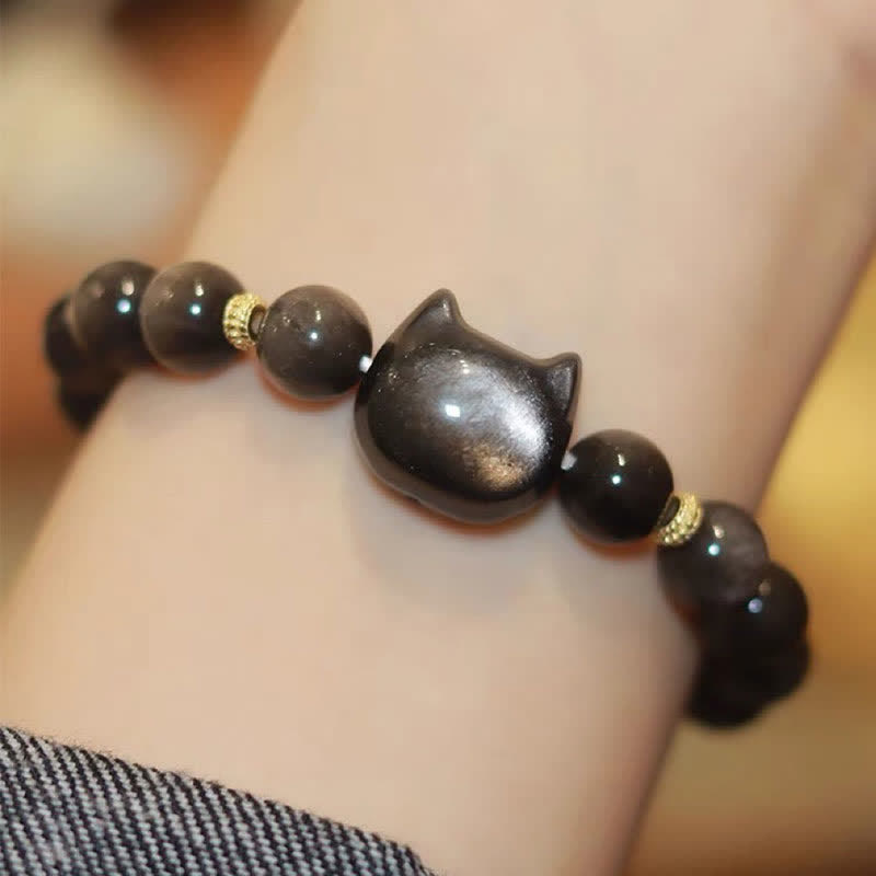 Nimara Ritual Gold Sheen Obsidian Silver Sheen Obsidian Lovely Paw Lucky Cat Protection Bracelet